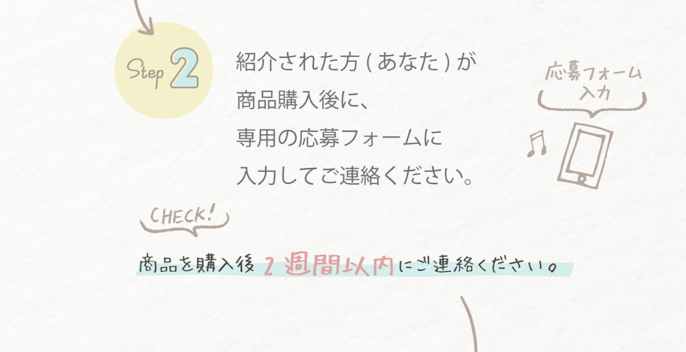 STEP2 紹介された方(あなた)が商品購入後に、専用の応募フォームに入力してご連絡ください。
