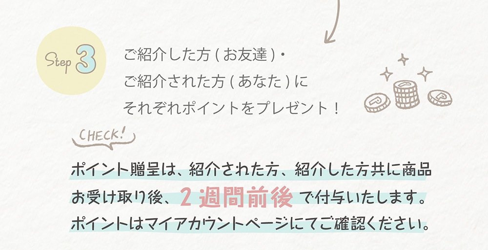 STEP3 ご紹介した方(お友達)・ご紹介された方(あなた)にそれぞれポイントをプレゼント！